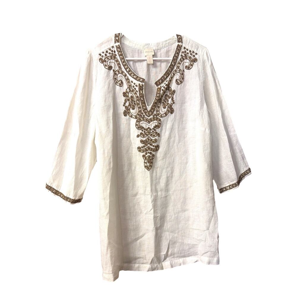 Chico's Cream Linen Top with Beaded V-Neckline size 12 - Picture 3 of 11